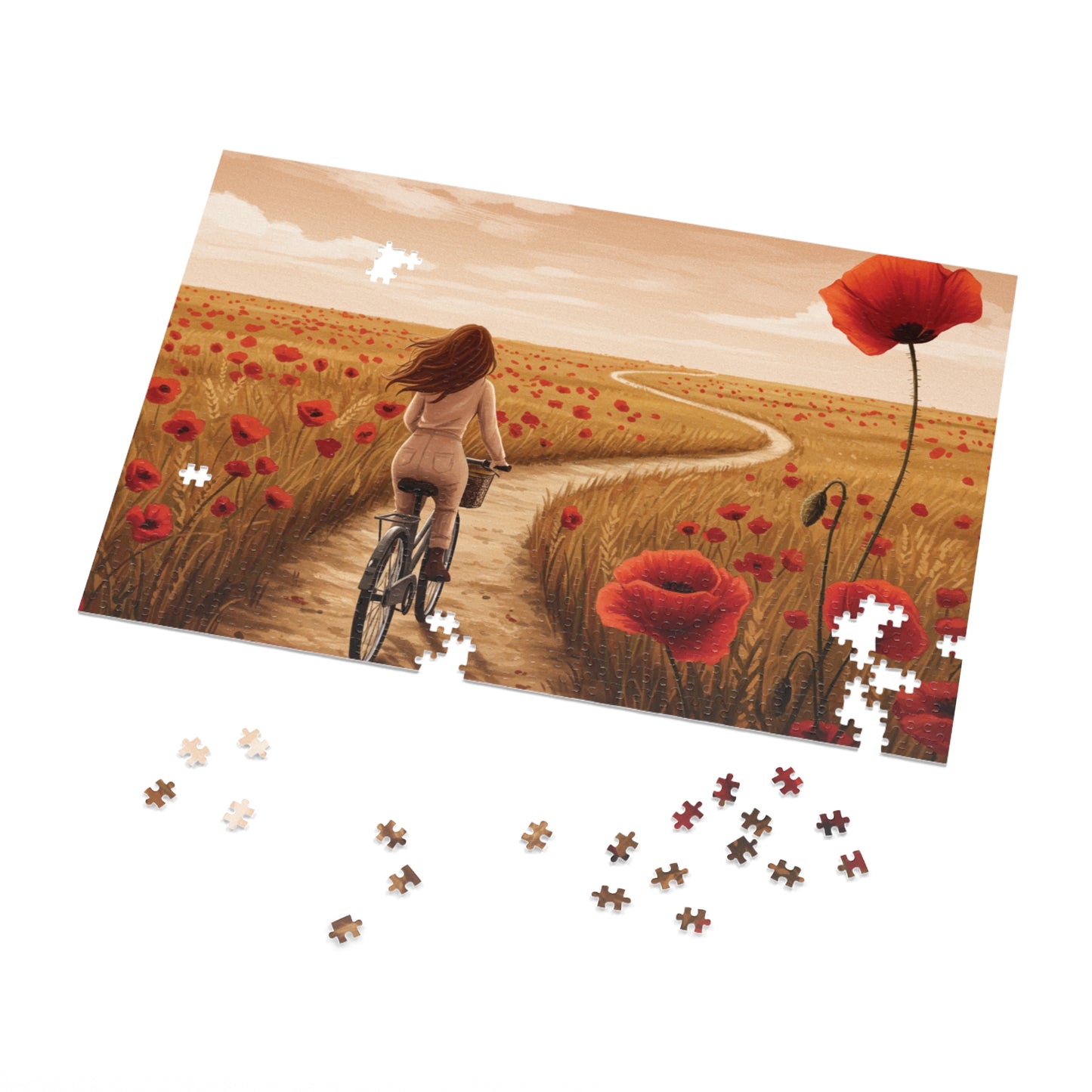 110, 252, 500, 1000, 2000 Golden Poppy Fields Jigsaw Puzzle – Serene Summer Bike Ride, Serene Poppy Fields Jigsaw Puzzle with Tin, Escape into Nature – Summer Cycling Puzzle with Flowers