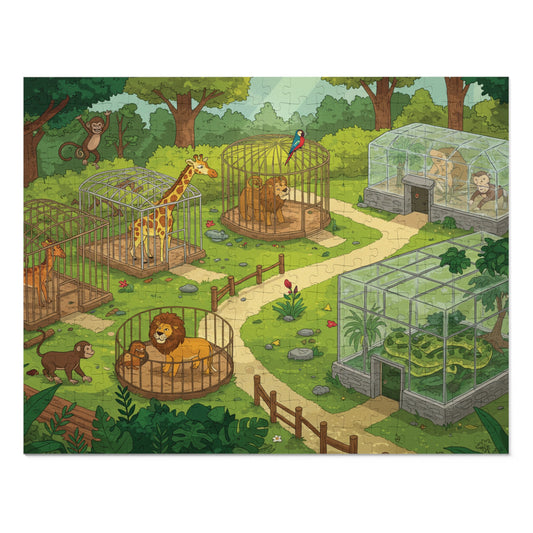 30, 110, 252 pcs Whimsical Zoo Jigsaw Puzzle, Cartoon Zoo Jigsaw Puzzle, Giraffes, Lions, Monkeys, and Parrots, Animated Animal Park Jigsaw, Lively Zoo Puzzle, Family Friendly Zoo Jigsaw Puzzle