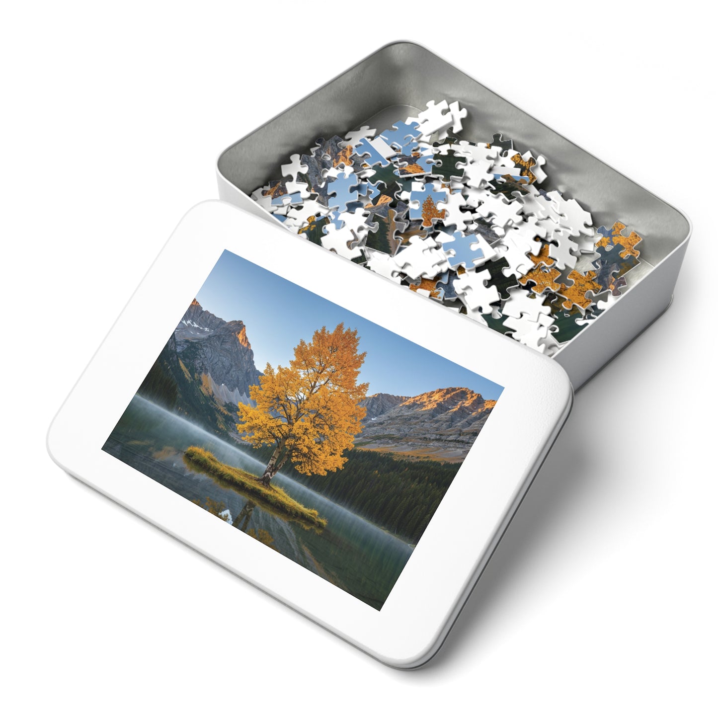 110, 252, 500, 1000, 2000 Autumn Landscape Jigsaw Puzzle with Tin, Golden Autumn Tree Lake Puzzle, Autumn Tree & Calm Waters, Misty Lake and Rocky Peaks Jigsaw