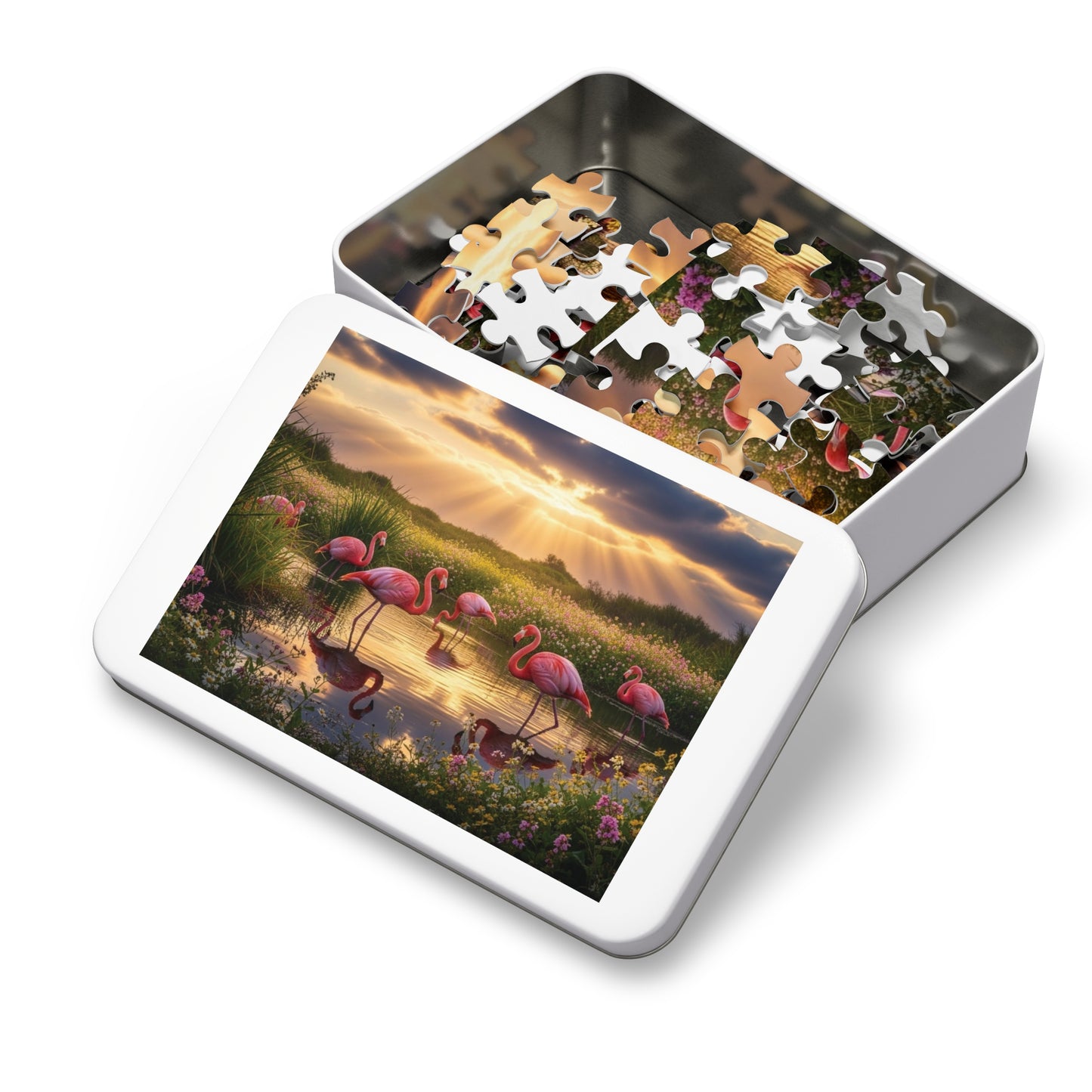Flamingo Sunset Paradise Jigsaw Puzzle | Serene Nature Wildlife Scene at Golden Hour
