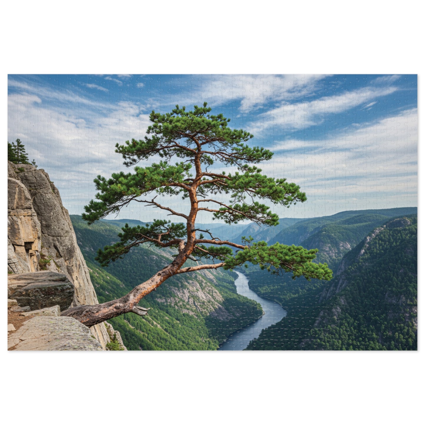 Cliffside Tree Jigsaw Puzzle (110, 252, 500, 1000, 2000 pcs) – Peaceful Nature, Mountain & River Design, Serene Forest Scene