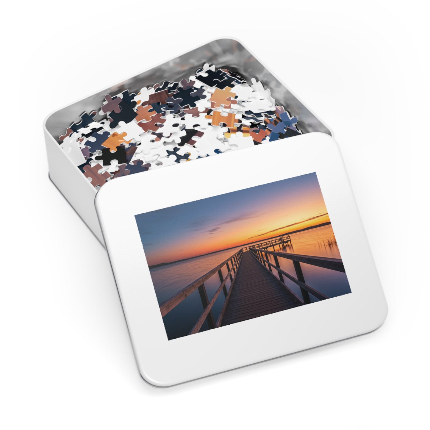 Sunset Jigsaw Puzzle with Tin, Boardwalk Sunset Puzzle – Soothing Waterscape Jigsaw for Relaxation, Peaceful Sunset Landscape Puzzle