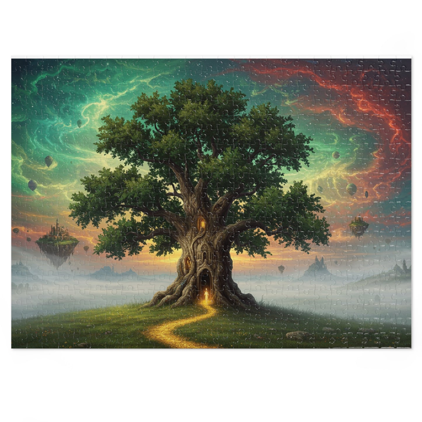 110, 252, 500, 1000, 2000 Magical Tree Jigsaw Puzzle, Mystical Tree with Glowing Doorway, Cosmic Sky and Enchanted Forest Scene, Mystical Gateway Puzzle