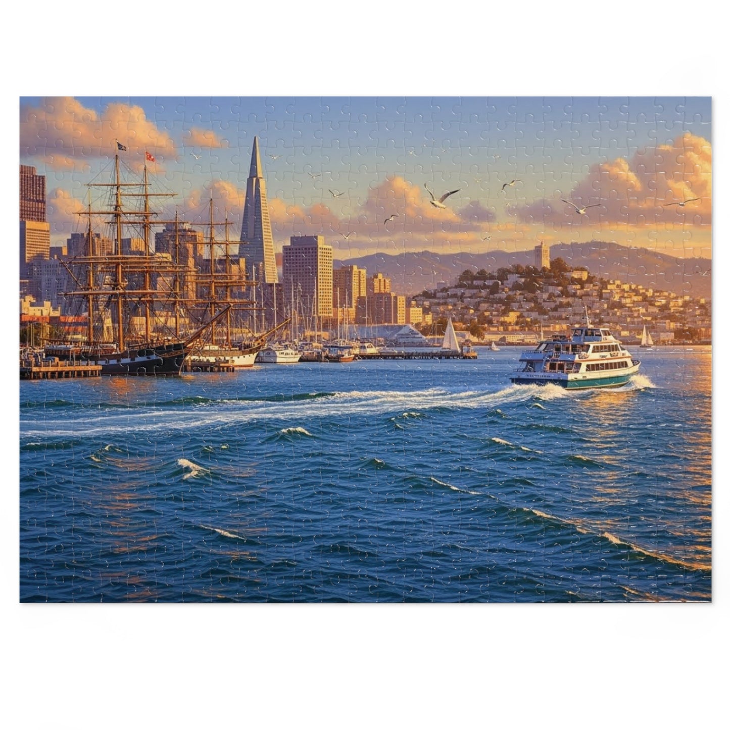 Coastal City at Sunset Jigsaw Puzzle | Nautical Waterfront Art