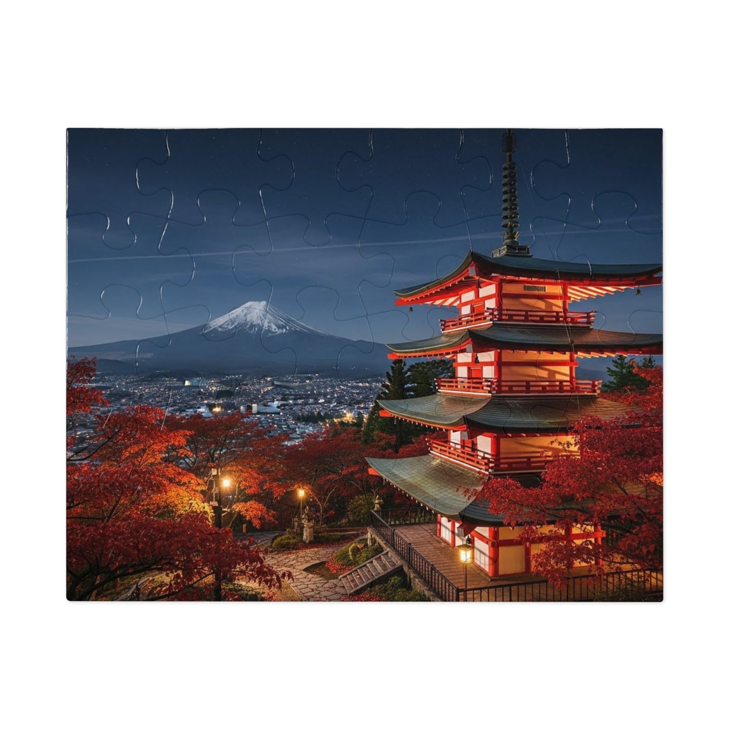 Mount Fuji Night Pagoda Jigsaw Puzzle 🌙🗻 Autumn Temple View, Japan City Lights & Crimson Maples