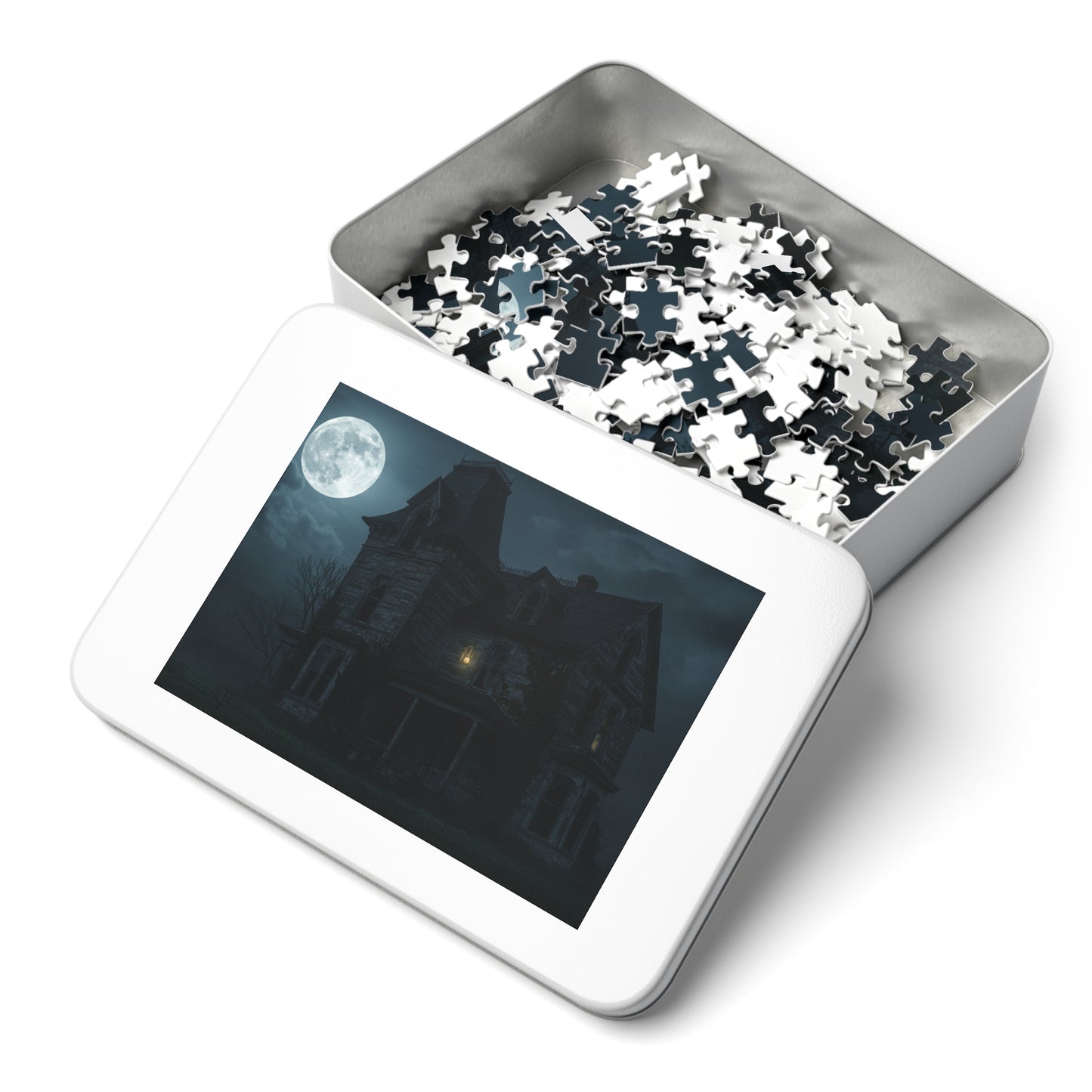 110, 252, 500, 2000 Haunted House Jigsaw Puzzle with Tin, Haunted House Under Full Moon – Spooky Puzzle for Halloween Nights, Ghostly Manor Puzzle, Abandoned House in Moonlight, The Forgotten Estate