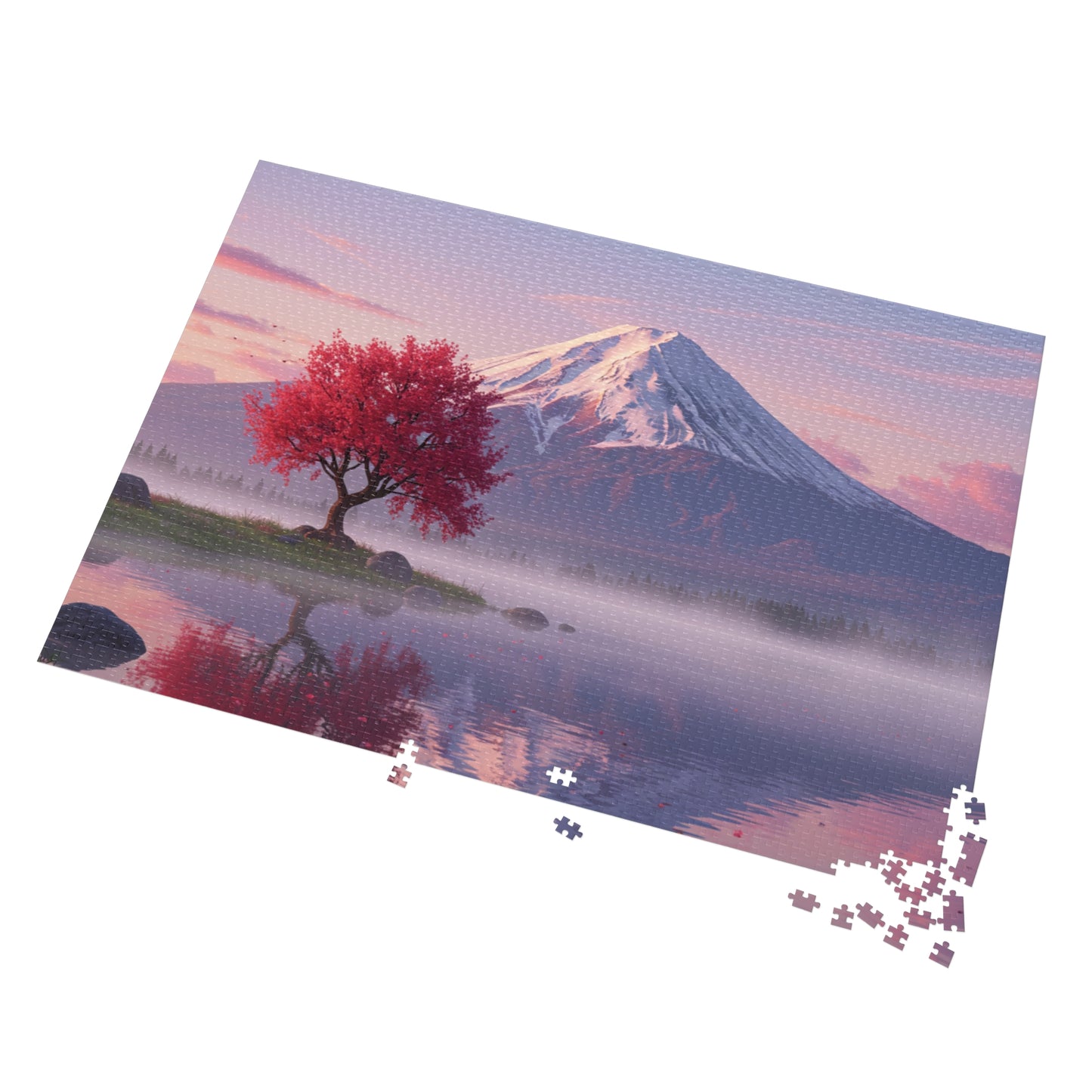 110, 252, 500, 1000, 2000 Cherry Blossom Tree by Mt. Fuji, Sakura Tree & Snowy Mountain Puzzle, Peaceful Pink Tree & Misty Lake Puzzle, Mount Fuji at Sunrise Puzzle, Calm Mountain Morning Puzzle