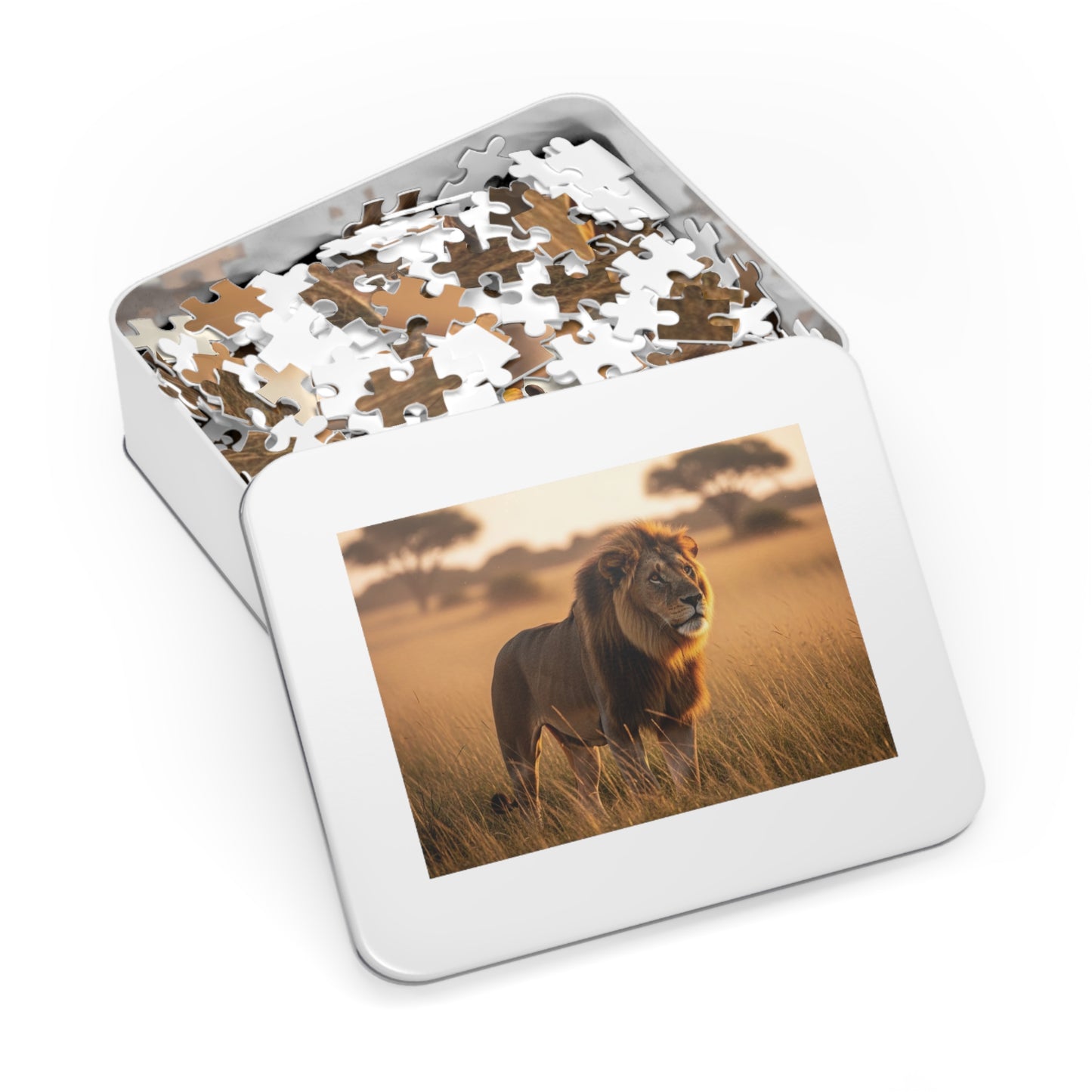 Lion in Golden Savanna Jigsaw Puzzle (with Tin)