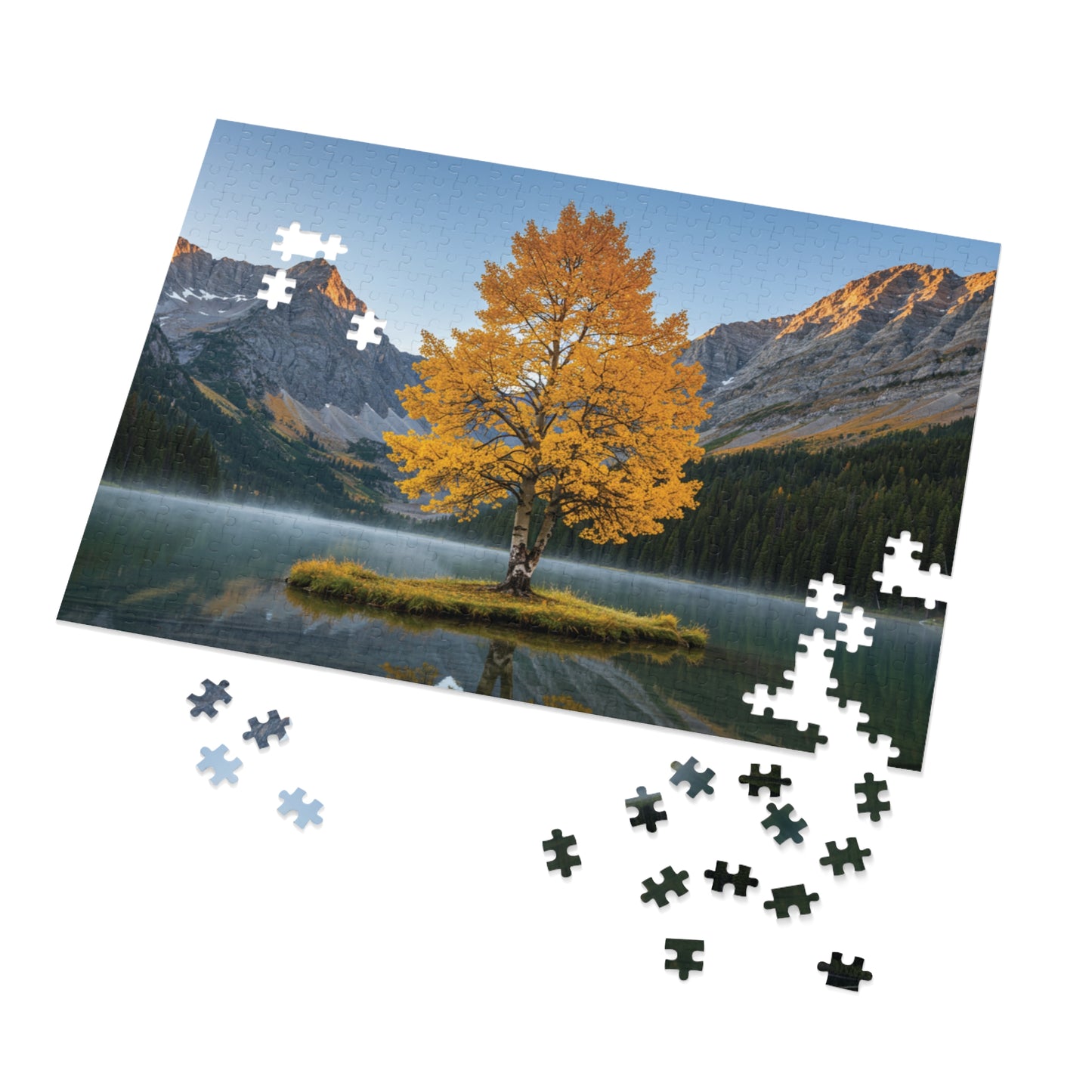 110, 252, 500, 1000, 2000 Autumn Landscape Jigsaw Puzzle with Tin, Golden Autumn Tree Lake Puzzle, Autumn Tree & Calm Waters, Misty Lake and Rocky Peaks Jigsaw