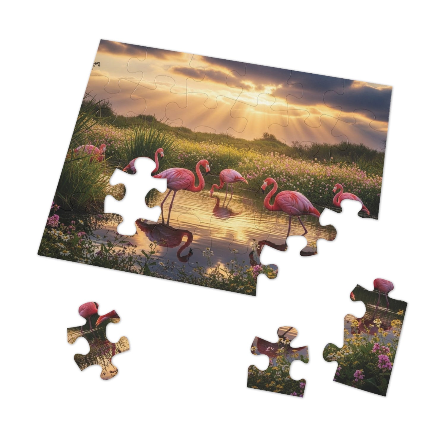 Flamingo Sunset Paradise Jigsaw Puzzle | Serene Nature Wildlife Scene at Golden Hour