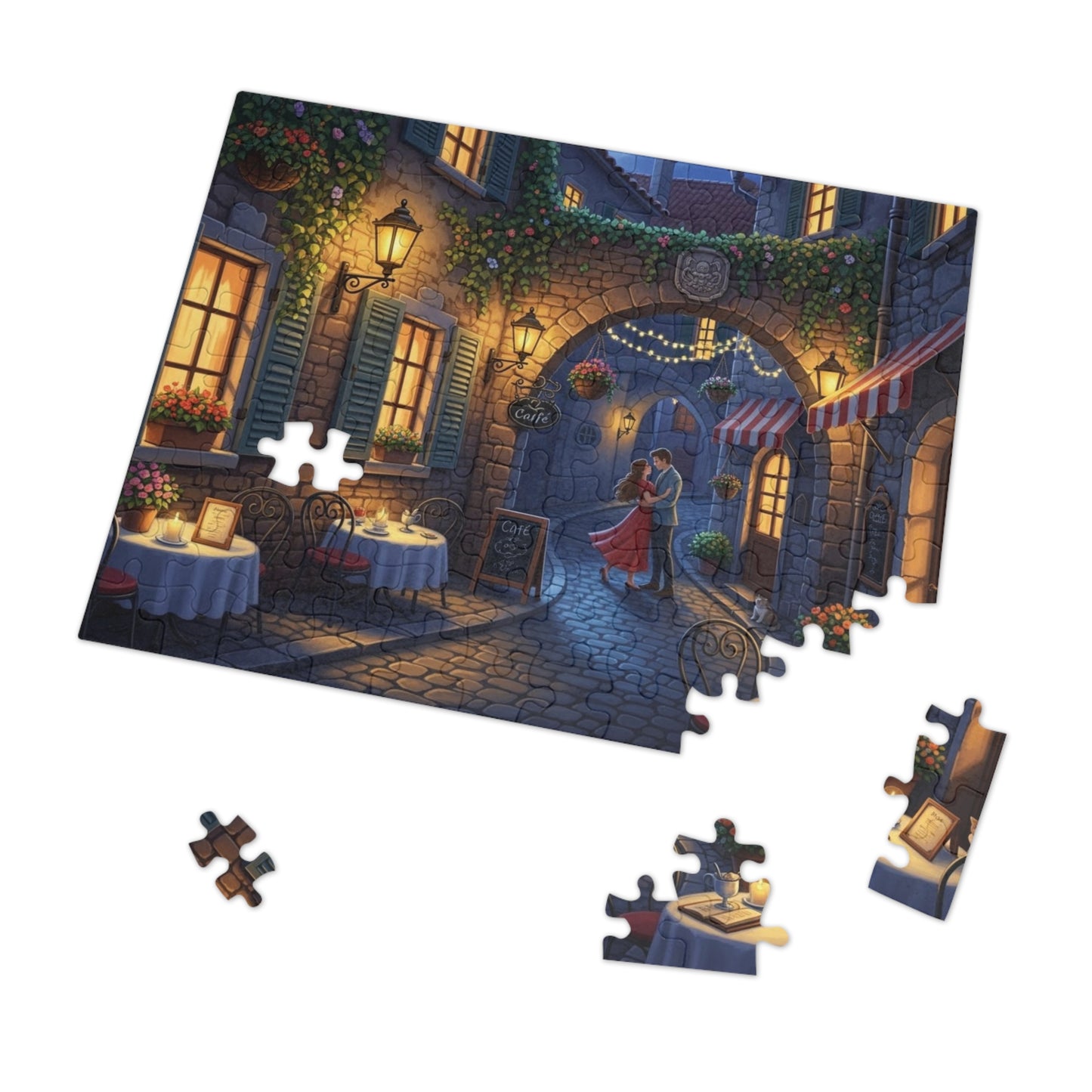 Romantic Café Alley Jigsaw Puzzle | Cozy European Evening Scene