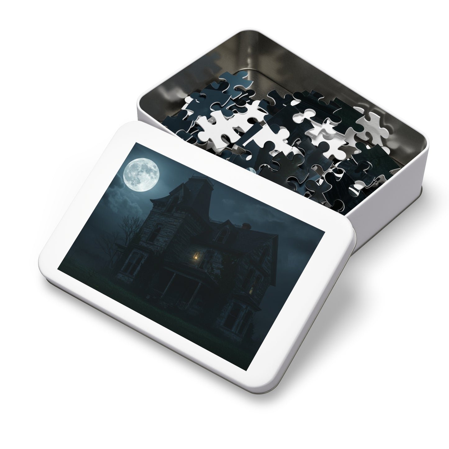 110, 252, 500, 2000 Haunted House Jigsaw Puzzle with Tin, Haunted House Under Full Moon – Spooky Puzzle for Halloween Nights, Ghostly Manor Puzzle, Abandoned House in Moonlight, The Forgotten Estate