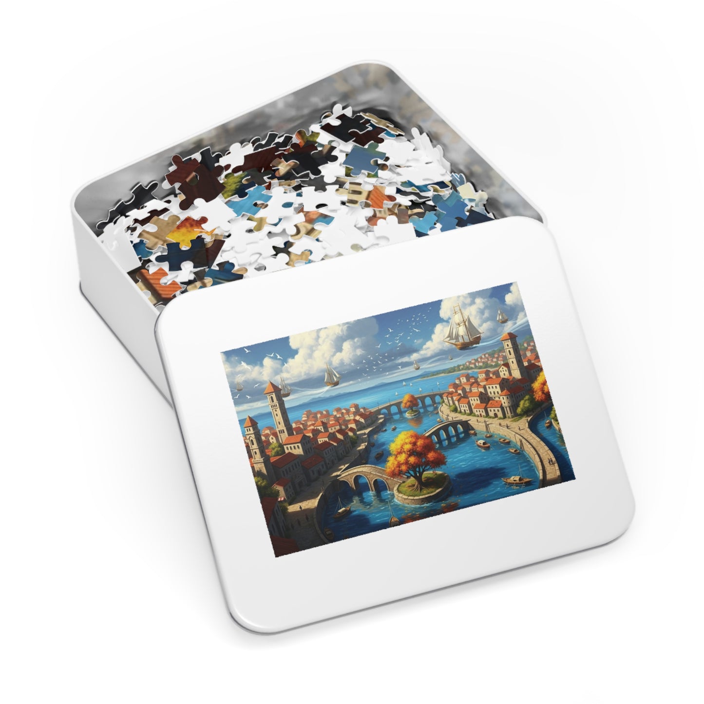 Floating Ships Over the Canal City, Coastal Town, Sailing Ships & Bridge Jigsaw Puzzle ✨