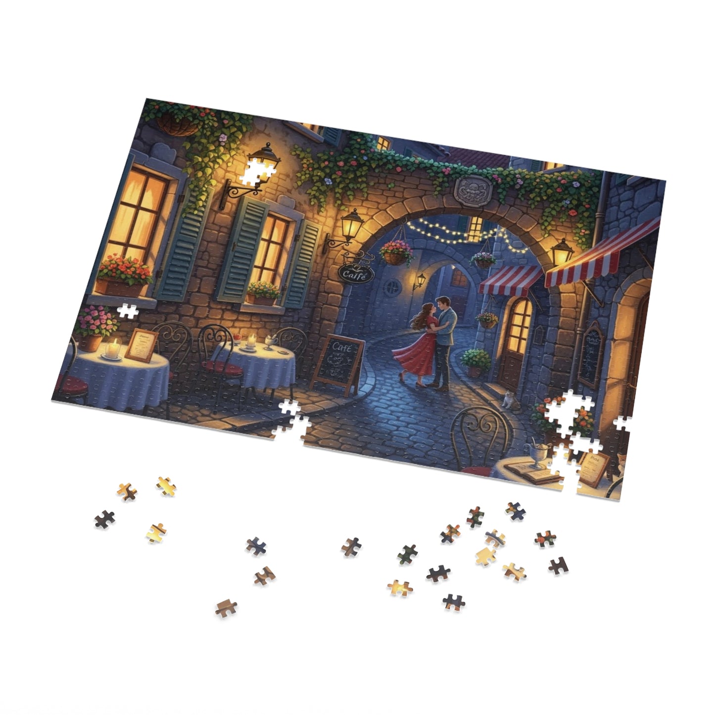 Romantic Café Alley Jigsaw Puzzle | Cozy European Evening Scene