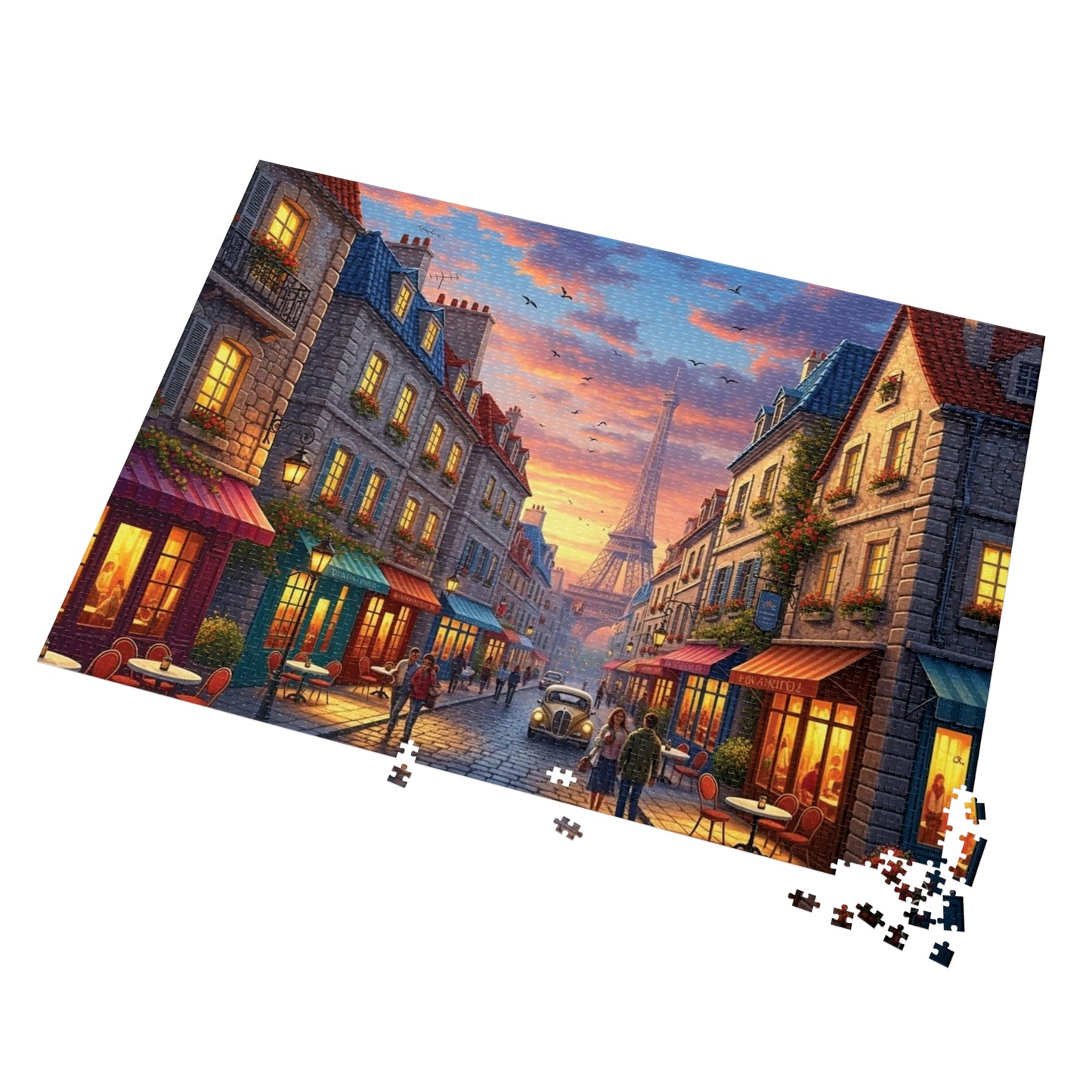 Paris Sunset Café Street Jigsaw Puzzle with Eiffel Tower