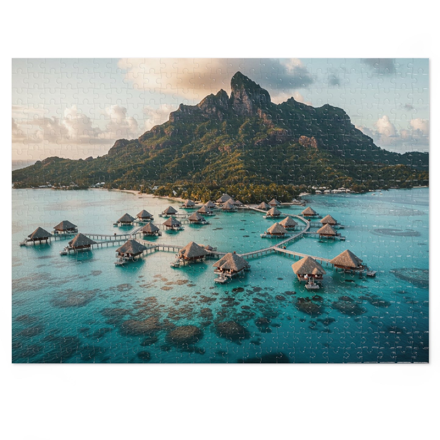 110, 252, 500, 1000, 2000 pcs Tropical Island Jigsaw Puzzle, Scenic Paradise Puzzle, Exotic Vacation Puzzle, Breathtaking Tropical Bay with Overwater Retreats
