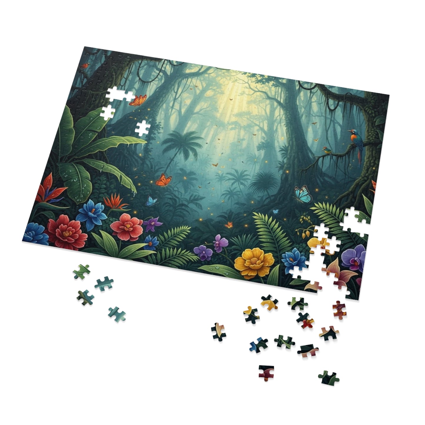 Enchanted Tropical Forest Puzzle with Butterflies, Exotic Flowers and Golden Light