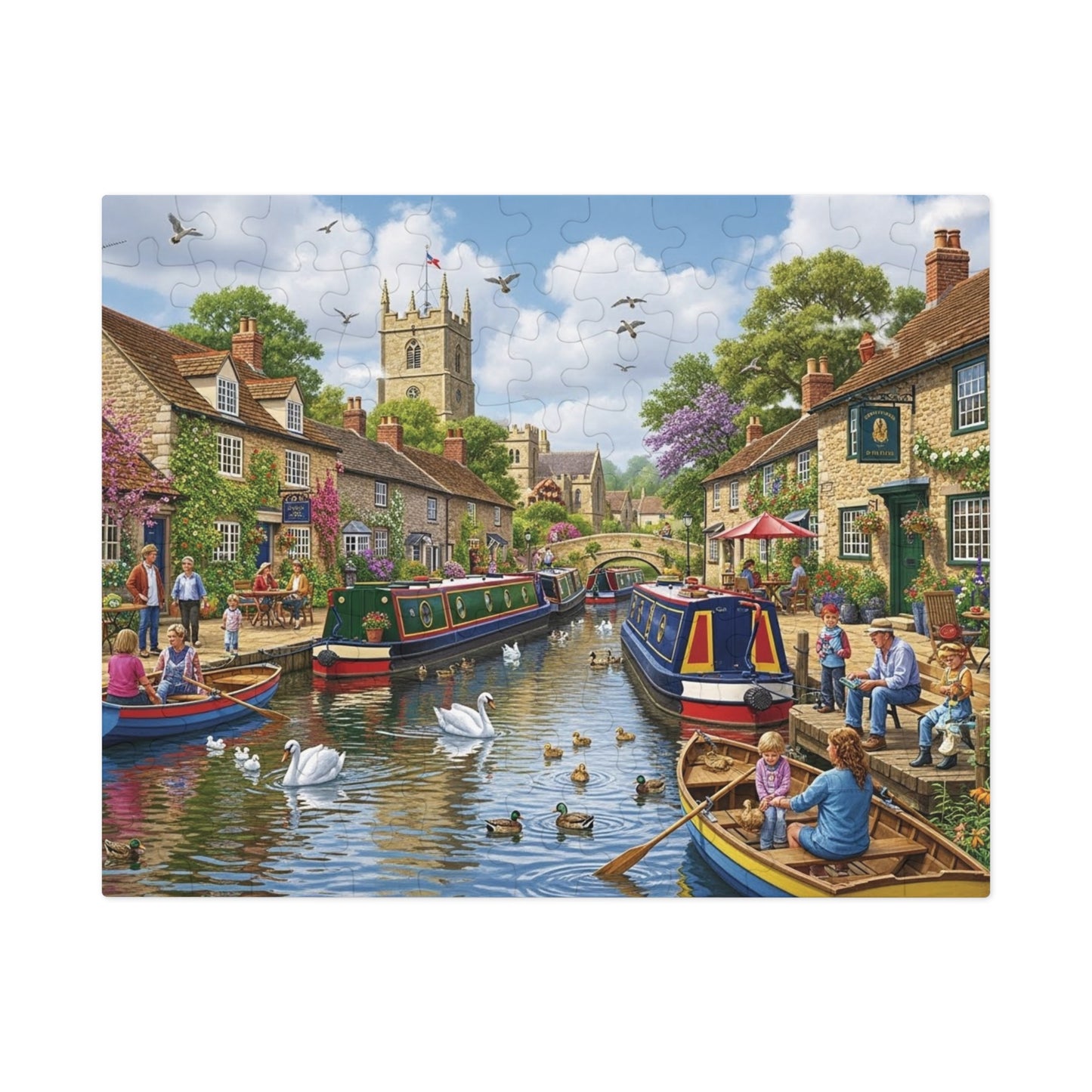 Canal Village Jigsaw Puzzle with Boats Swans and Cottages