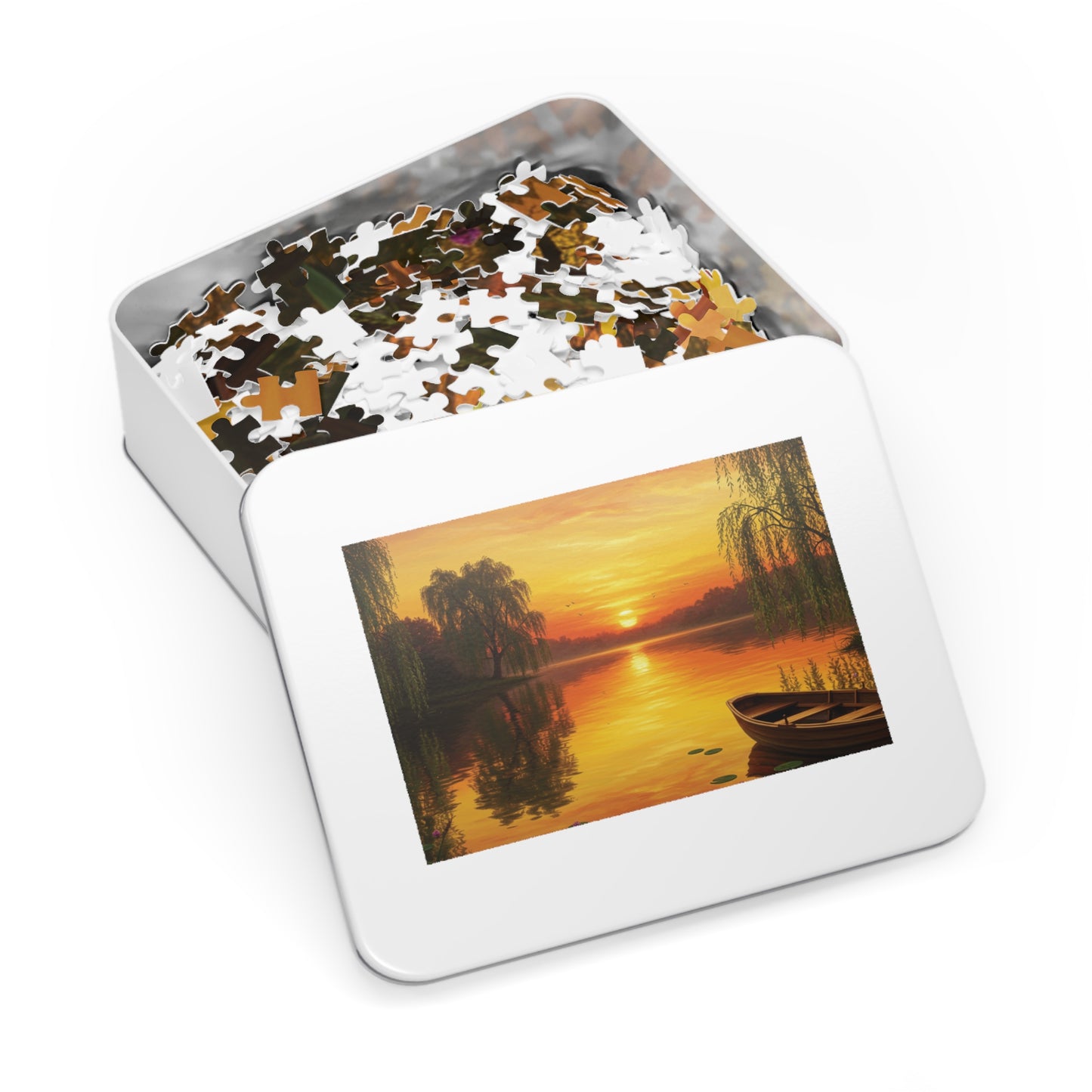 110, 252, 500, 1000, 2000 Golden Sunset Rowboat Puzzle, Sunset Over Still Waters, Boat at Dusk Puzzle, Tranquil Willow Tree Sunset, Golden Hour Reflection Puzzle, Sunset Reflection on Lake Puzzle, Rowboat on Calm Waters Puzzle