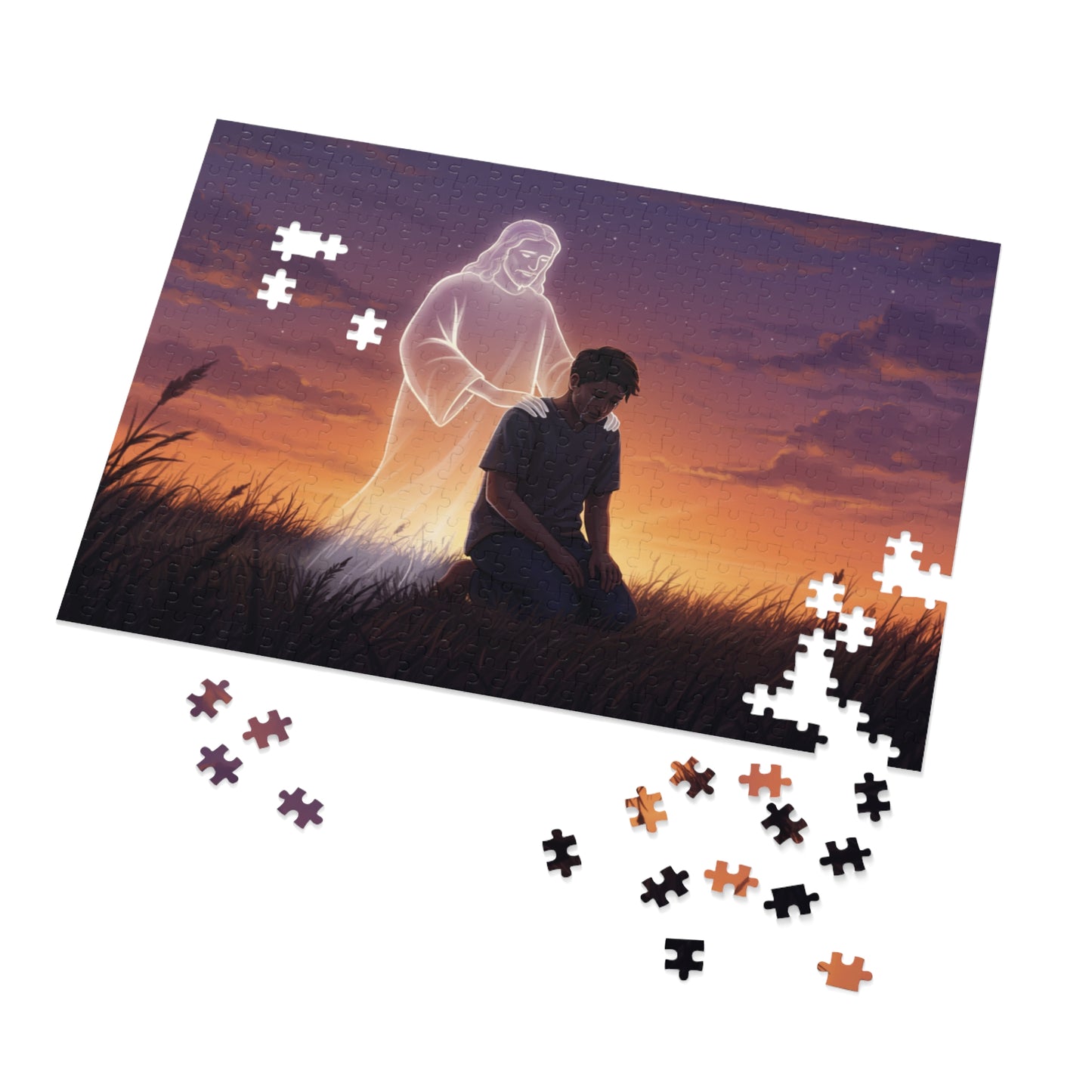 110, 252, 500, 1000 Spiritual Reflection Jigsaw Puzzle with Tin, Sunset Prayer and Heavenly Light Design, Kneeling Figure, Angelic Presence Jigsaw puzzle