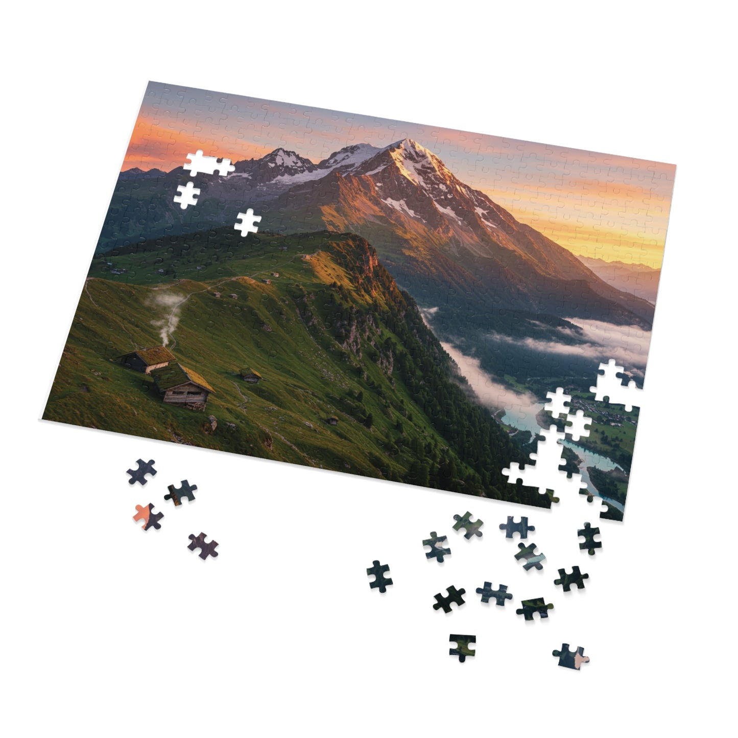 Sunrise Over Forested Hills Jigsaw Puzzle (252, 500, 1000, 2000 pcs) – Cabins, Snowy Ridge & Glowing Sky