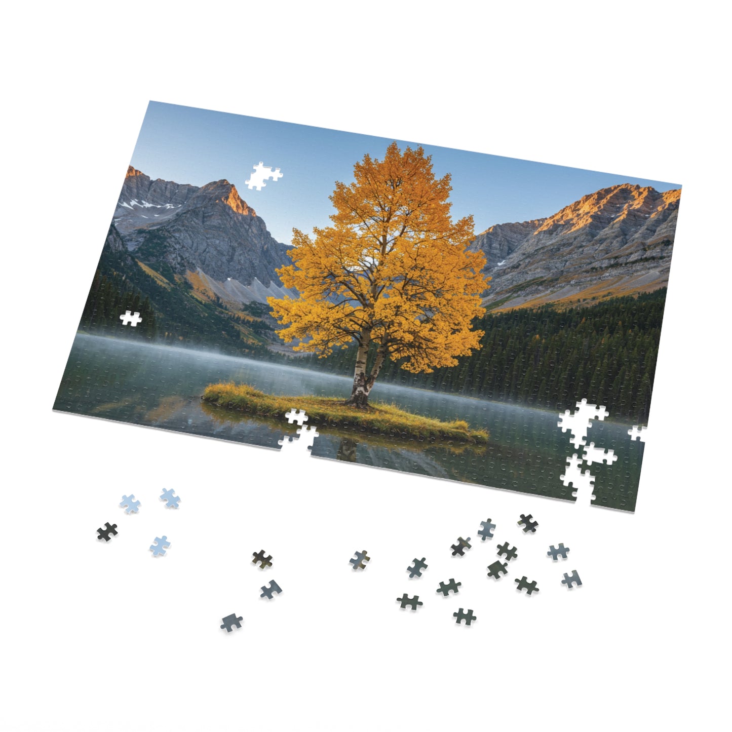 110, 252, 500, 1000, 2000 Autumn Landscape Jigsaw Puzzle with Tin, Golden Autumn Tree Lake Puzzle, Autumn Tree & Calm Waters, Misty Lake and Rocky Peaks Jigsaw