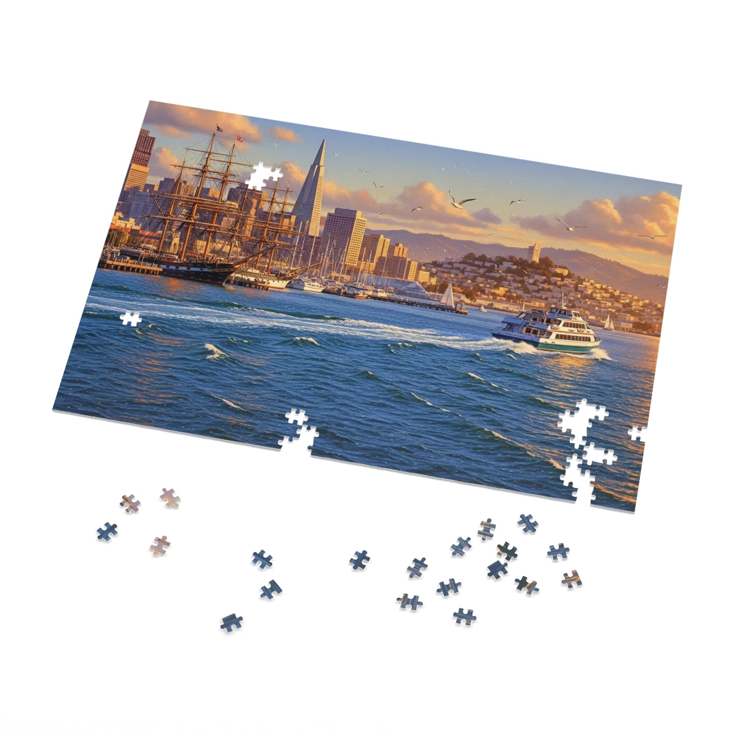 Coastal City at Sunset Jigsaw Puzzle | Nautical Waterfront Art