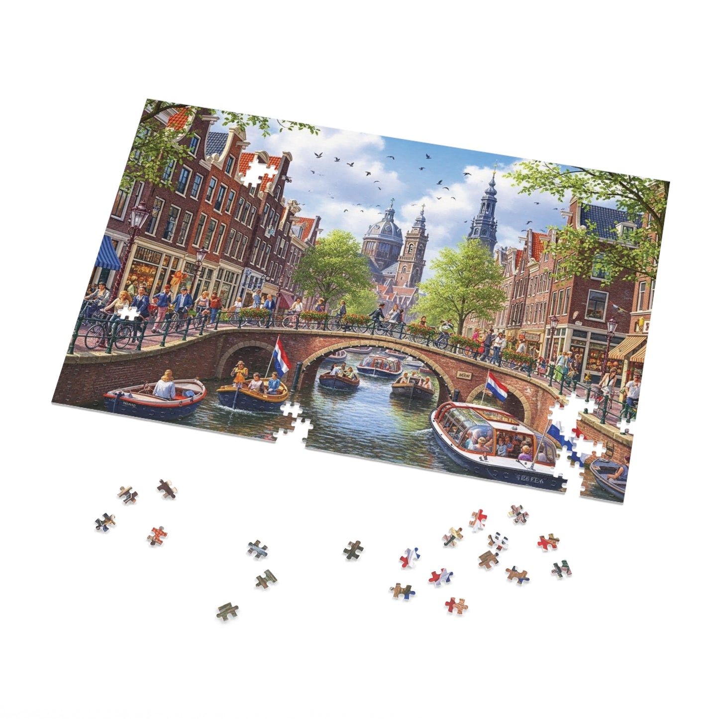 European Canal City Jigsaw Puzzle Scenic Bridge and Boat Scene