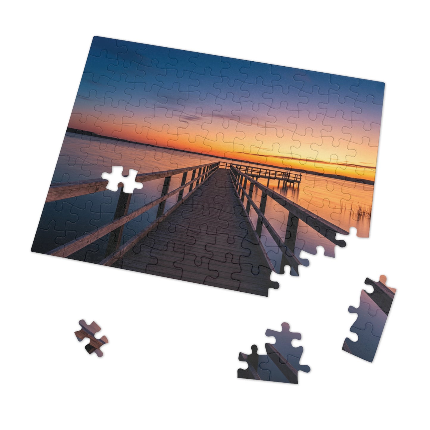 Sunset Jigsaw Puzzle with Tin, Boardwalk Sunset Puzzle – Soothing Waterscape Jigsaw for Relaxation, Peaceful Sunset Landscape Puzzle