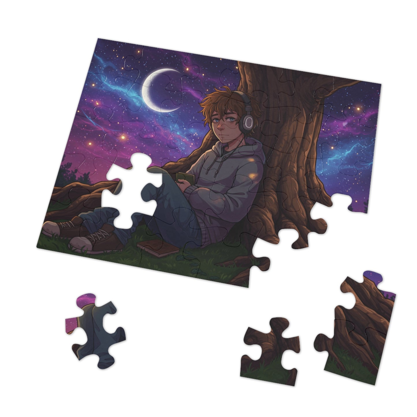 30, 110 pics Anime Night Sky Jigsaw Puzzle – Cozy Hoodie Character Under Crescent Moon with Galaxy Background