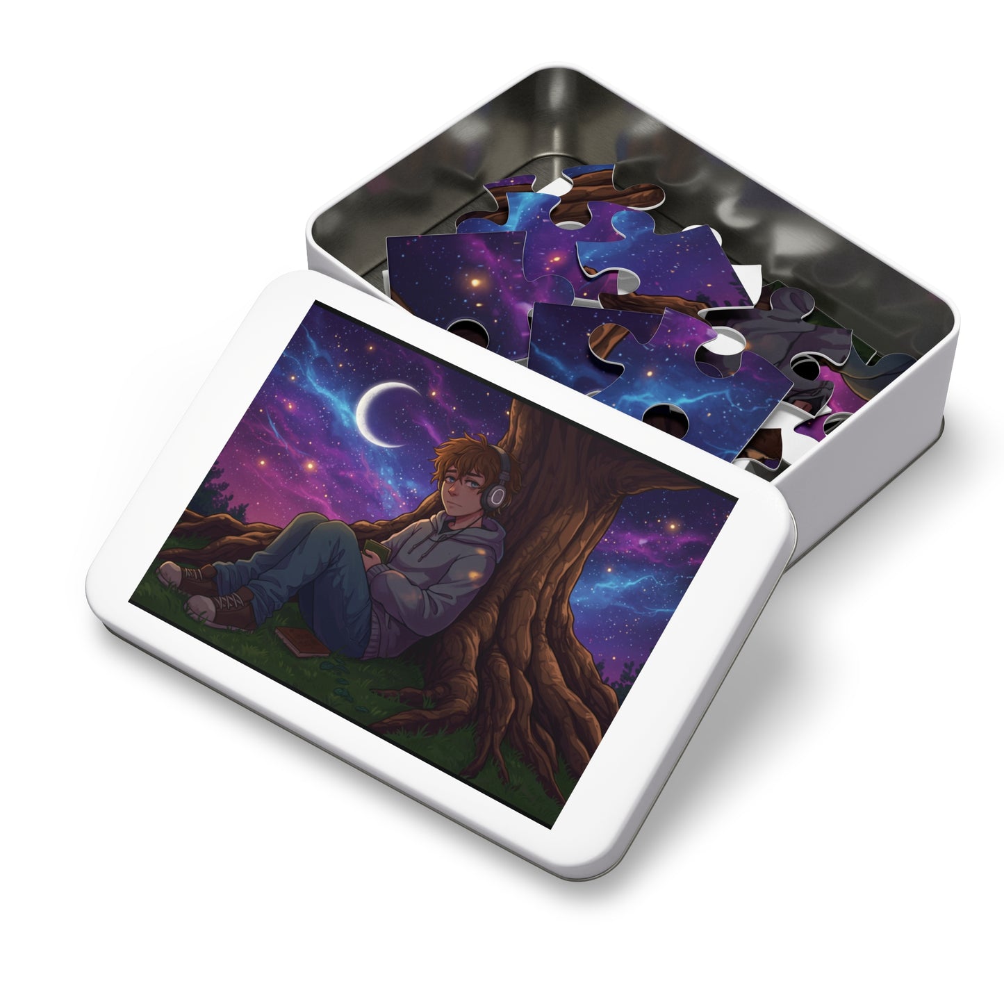 30, 110 pics Anime Night Sky Jigsaw Puzzle – Cozy Hoodie Character Under Crescent Moon with Galaxy Background