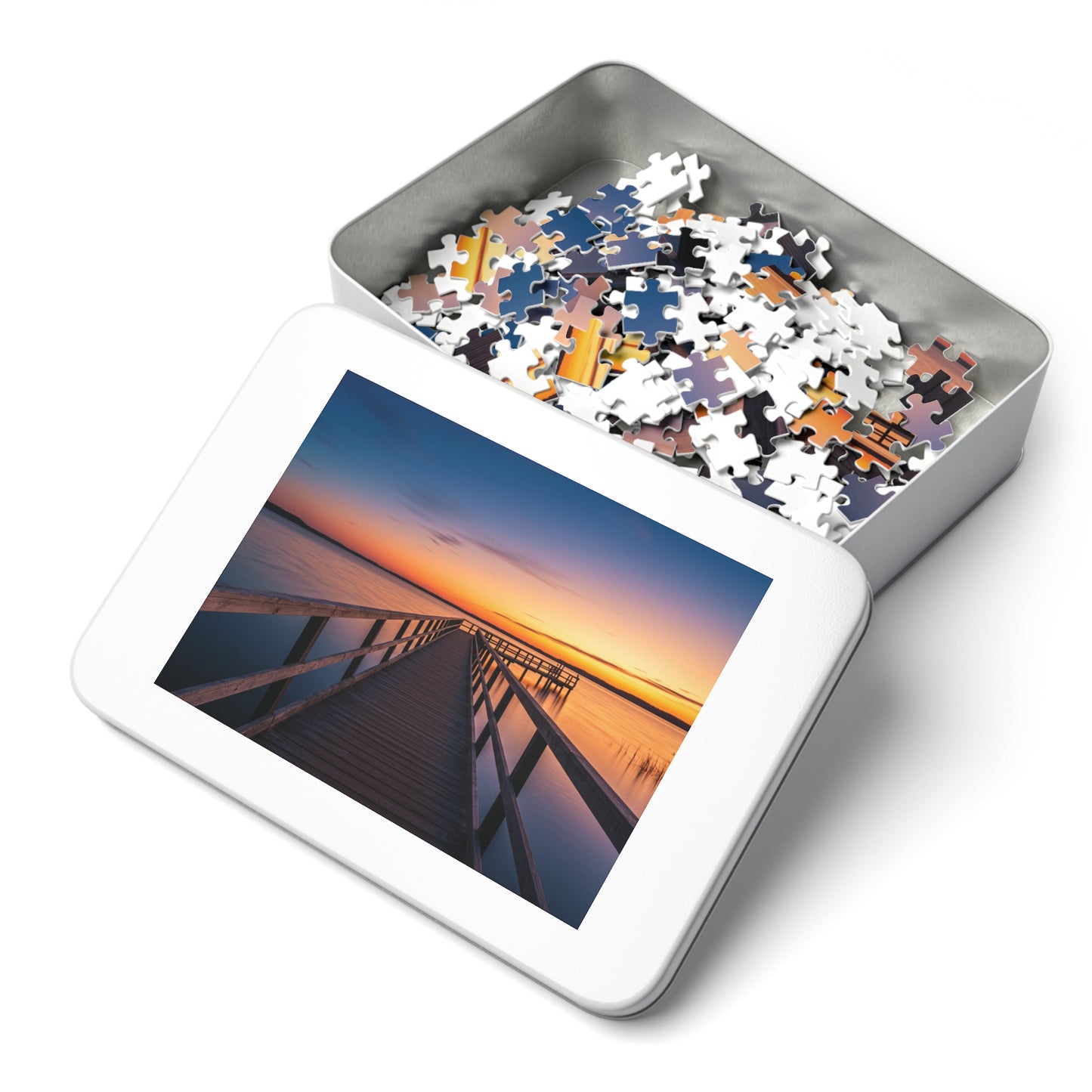 Sunset Jigsaw Puzzle with Tin, Boardwalk Sunset Puzzle – Soothing Waterscape Jigsaw for Relaxation, Peaceful Sunset Landscape Puzzle