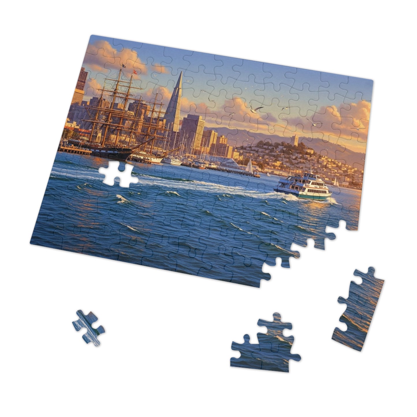 Coastal City at Sunset Jigsaw Puzzle | Nautical Waterfront Art
