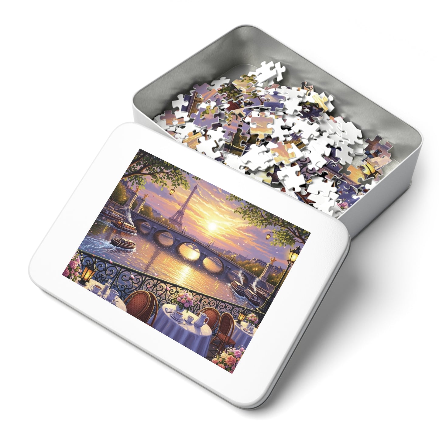 Eiffel Tower Sunset Over the Seine Puzzle | Paris Café Terrace Artwork