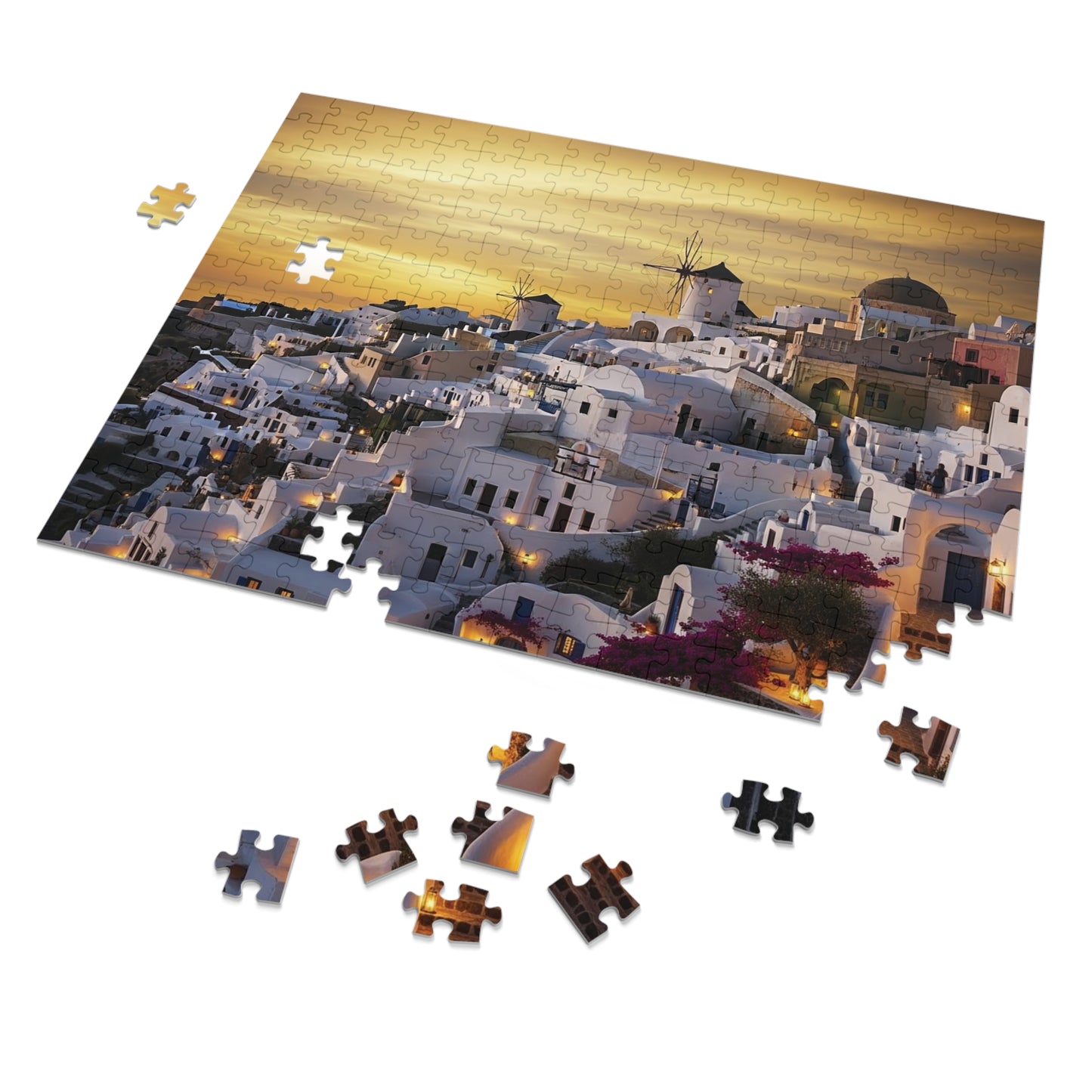 Santorini Sunset Village Jigsaw Puzzle 🌅 Whitewashed Homes, Windmills & Golden Aegean Evening