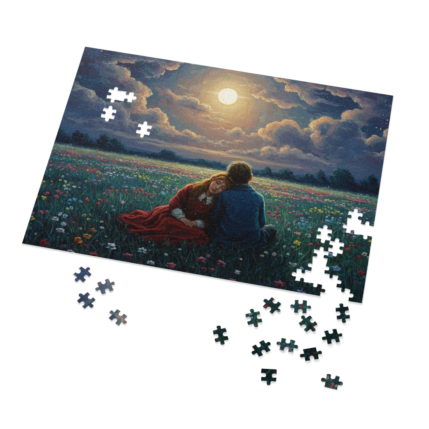 110, 252, 500, 1000, 2000 Romantic Moonlight Jigsaw Puzzle, Starry Night Romance Puzzle, Couple Under Moonlight in Meadow, Lovers Resting in Flower Field