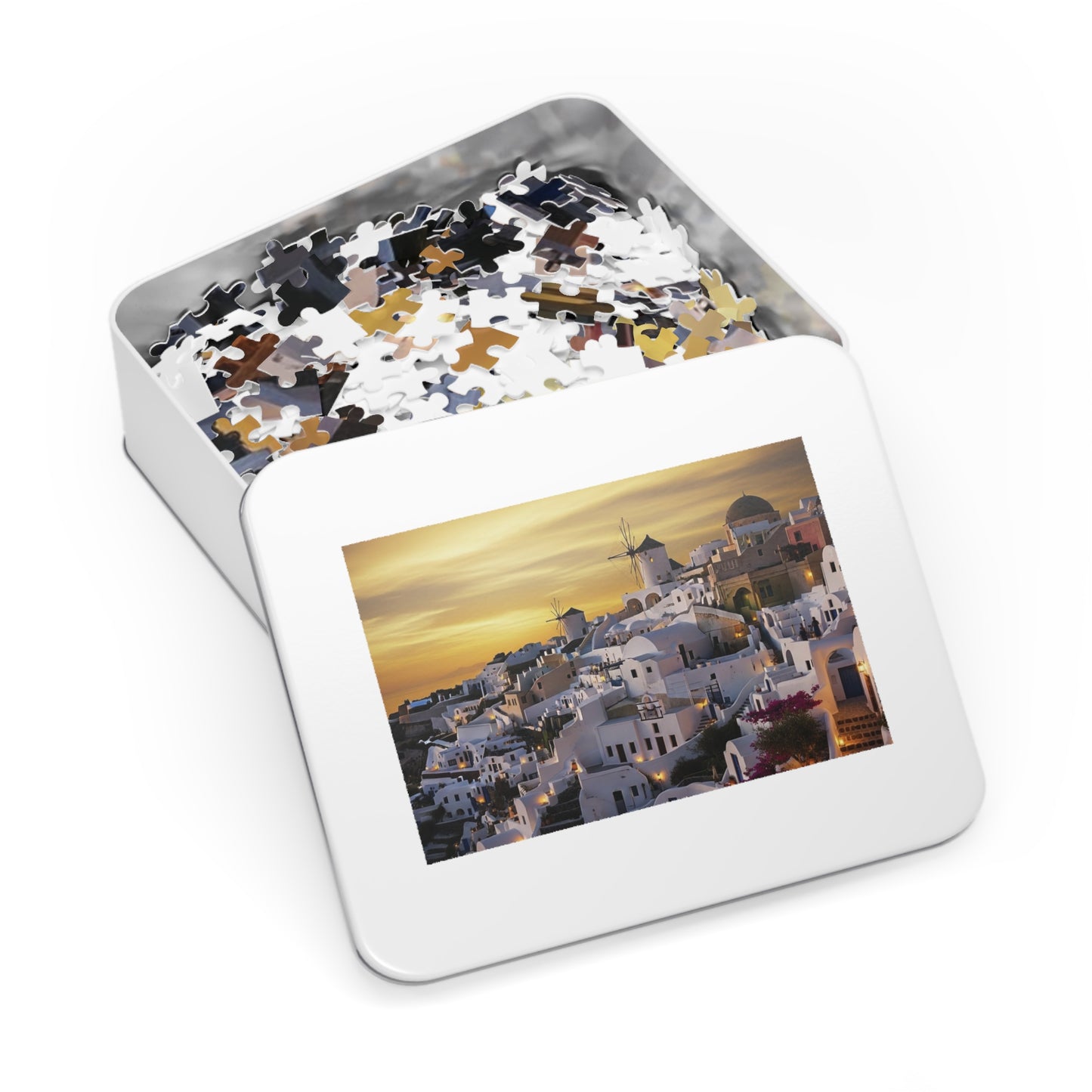 Santorini Sunset Village Jigsaw Puzzle 🌅 Whitewashed Homes, Windmills & Golden Aegean Evening
