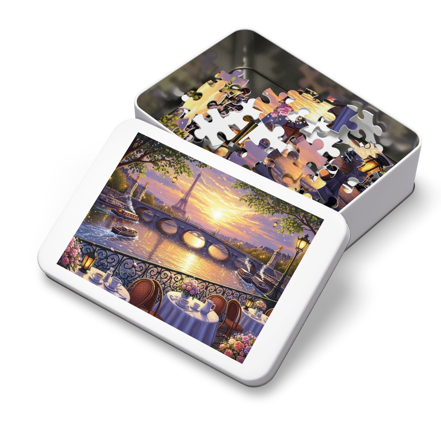 Eiffel Tower Sunset Over the Seine Puzzle | Paris Café Terrace Artwork