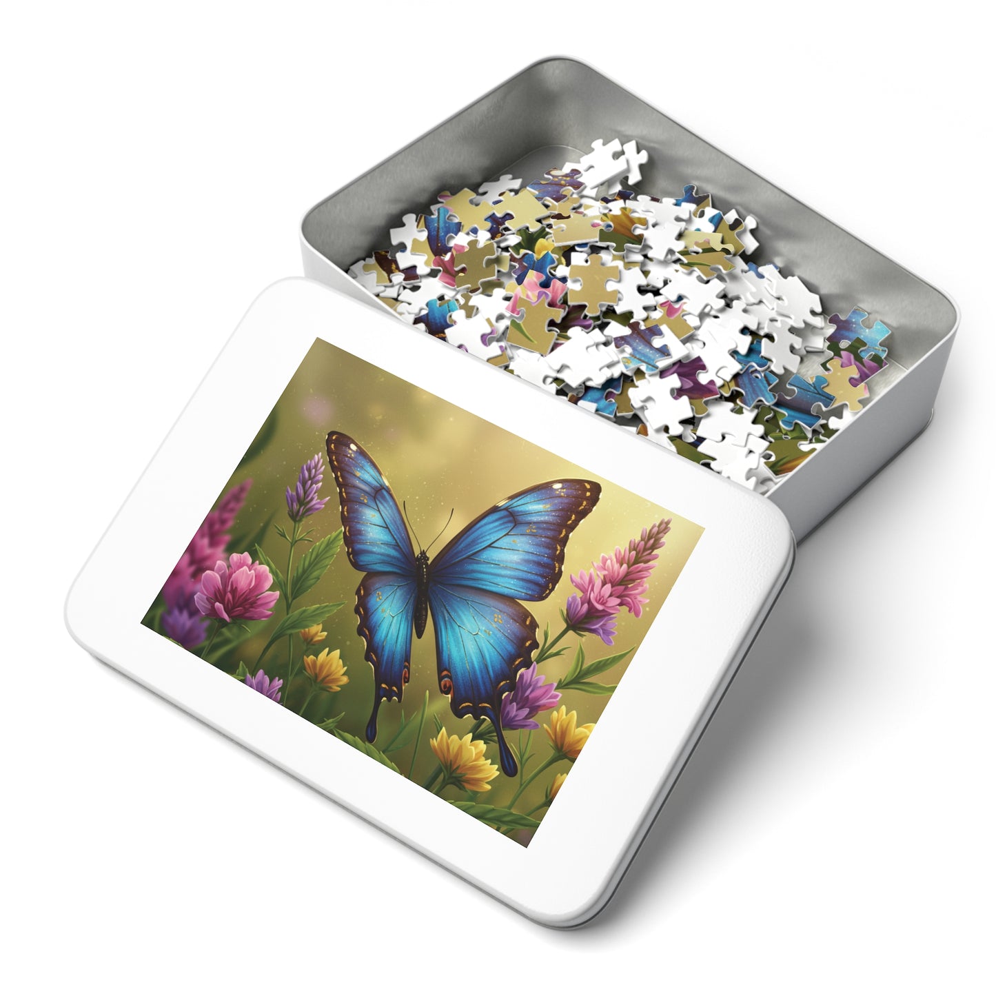 30, 110, 252, 500 | Blue Butterfly Among Spring Wildflowers | Vibrant Garden Scene | Nature Jigsaw Puzzle | Bloom & Wings Puzzle Art | Butterfly Blossom Jigsaw Puzzle with Tin