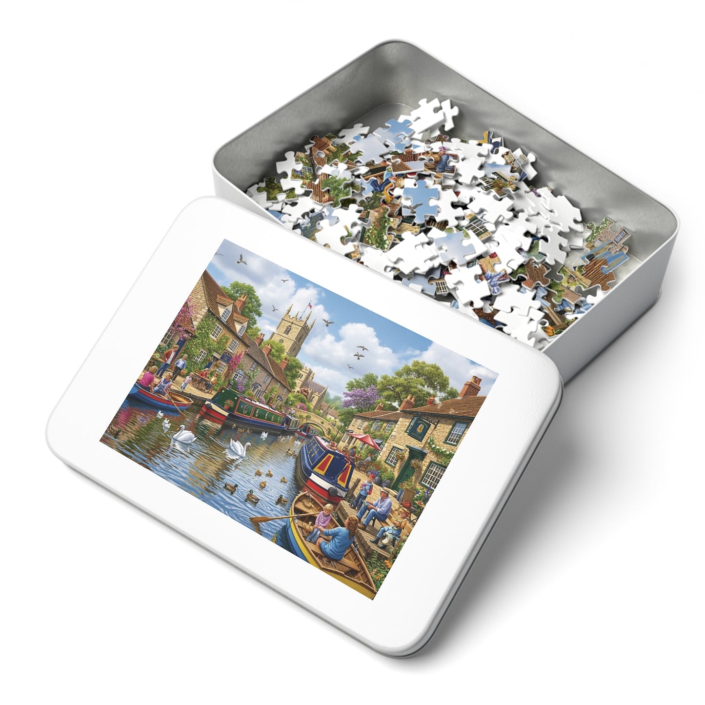 Canal Village Jigsaw Puzzle with Boats Swans and Cottages