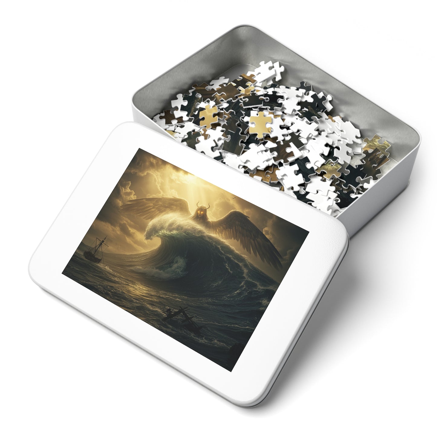 110, 252, 500, 1000, 2000 Mythic Sea Angel Rising | Stormy Ocean Wave Fantasy Art | Shipwreck & Light Beams | Surreal Winged Creature Wall Decor, Fantasy Jigsaw Puzzle with Tin