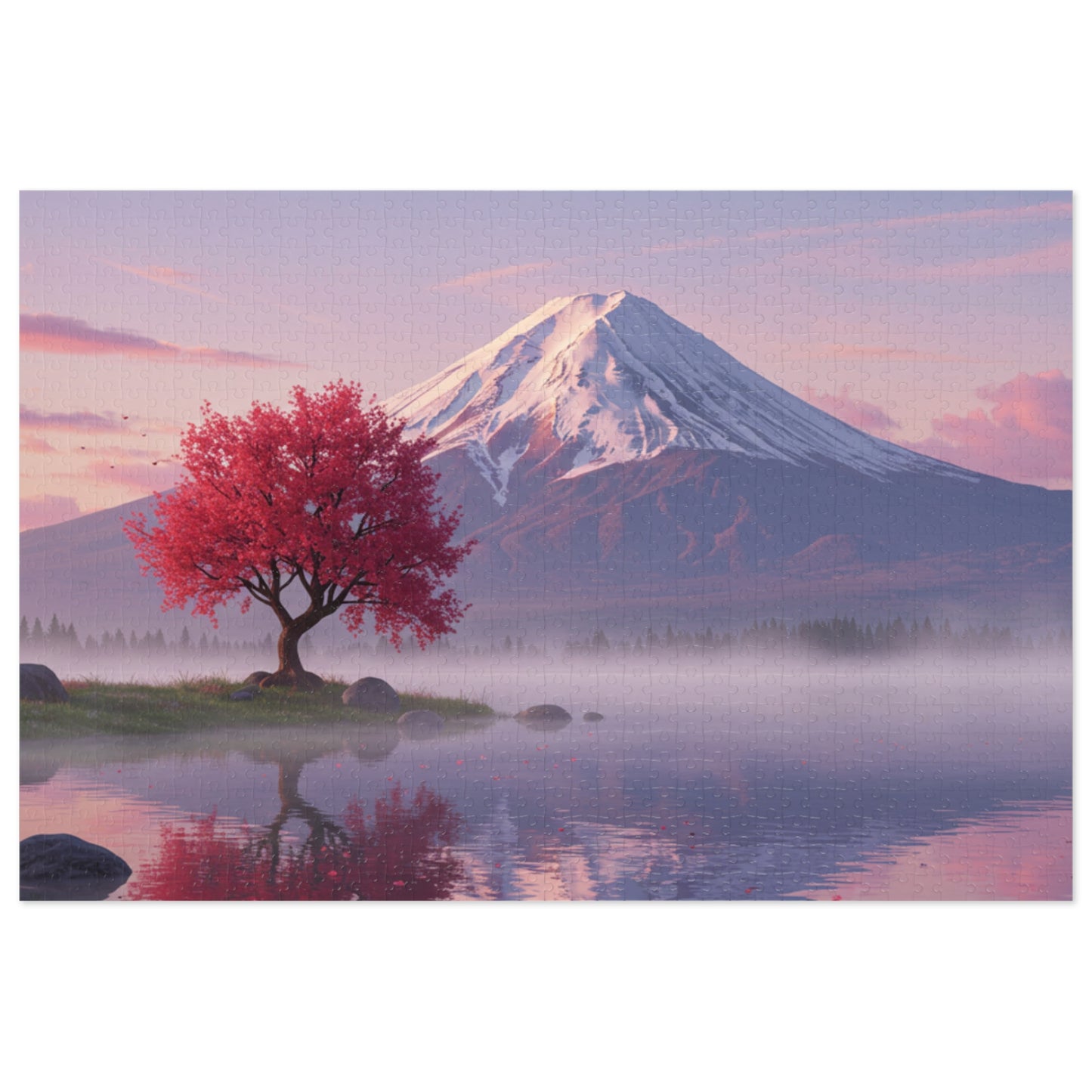 110, 252, 500, 1000, 2000 Cherry Blossom Tree by Mt. Fuji, Sakura Tree & Snowy Mountain Puzzle, Peaceful Pink Tree & Misty Lake Puzzle, Mount Fuji at Sunrise Puzzle, Calm Mountain Morning Puzzle