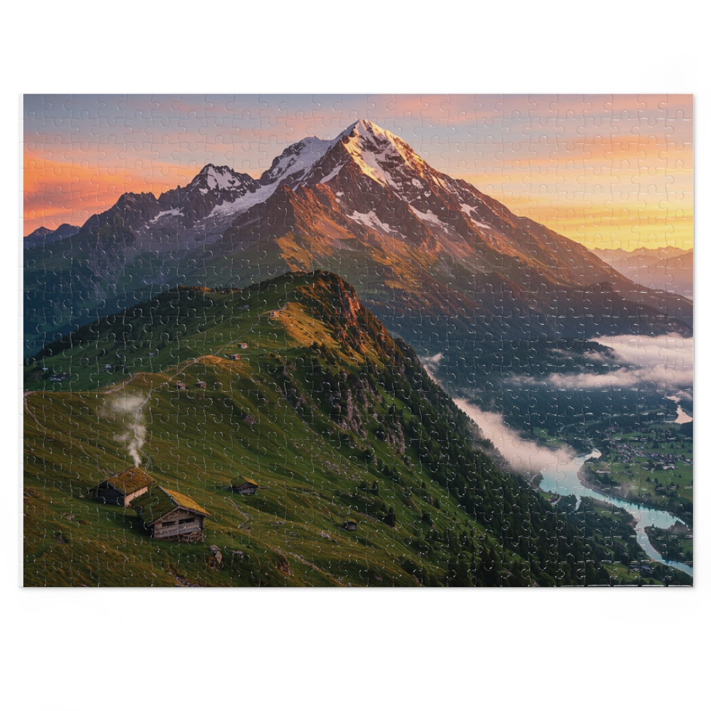 Sunrise Over Forested Hills Jigsaw Puzzle (252, 500, 1000, 2000 pcs) – Cabins, Snowy Ridge & Glowing Sky