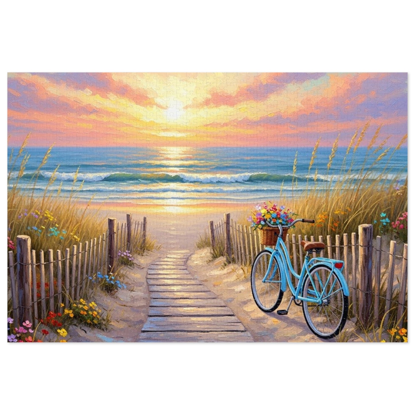 Beach Boardwalk at Sunset Puzzle 🧩 Serene Ocean Landscape Art