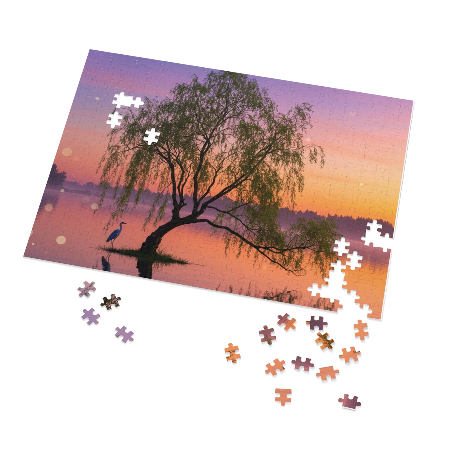 Willow Tree & Heron Jigsaw Puzzle (110, 252, 500, 1000, 2000 pcs) – Sunset Lake Scene in Gift Tin