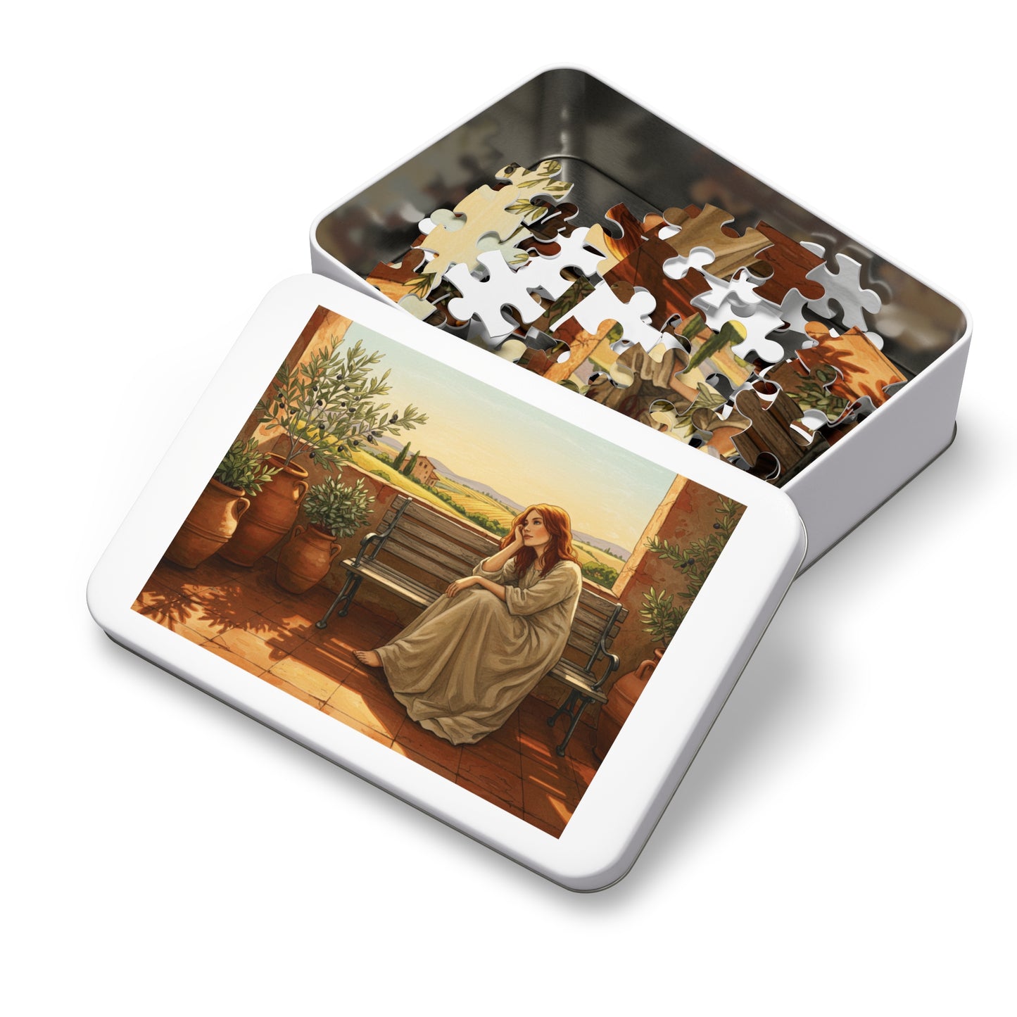 110, 252, 500, 1000, 2000 pcs Rustic Countryside Jigsaw Puzzle, Woman on Bench with Olive Trees, Mediterranean Landscape Puzzle