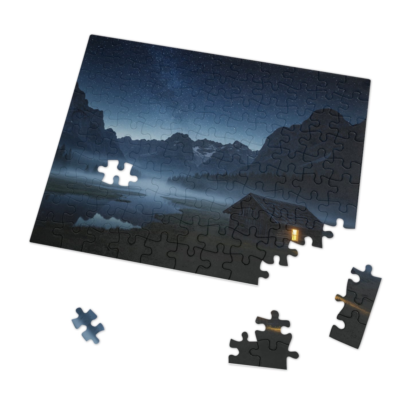 110, 252, 500, 1000, 2000 Starry Night Cabin Puzzle, Tranquil Nightscape Puzzle, Nighttime Cabin Under Stars, Twilight Mountains and Lit Cabin, Foggy Valley and Star-Filled Sky, Wilderness Cabin Puzzle