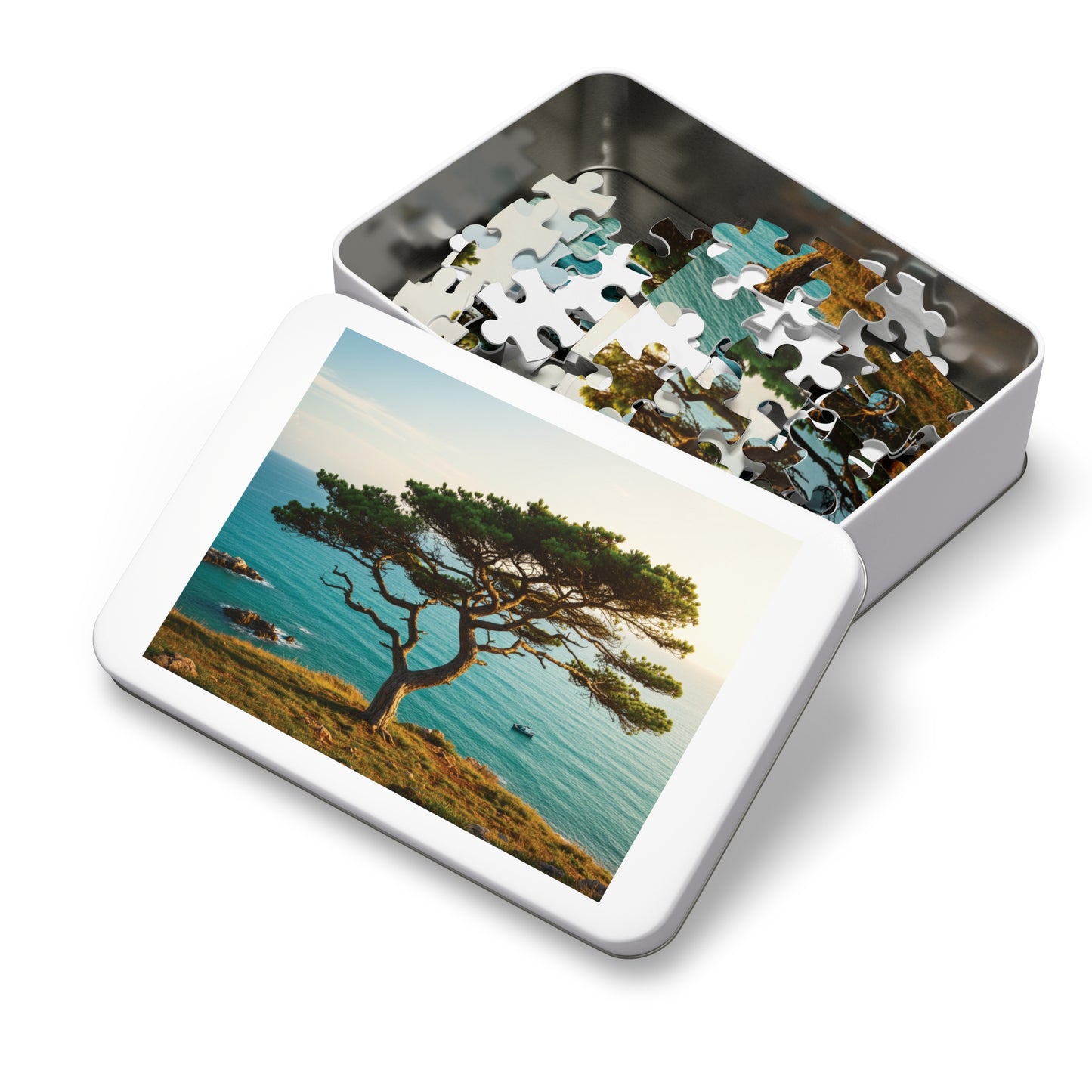Coastal Tree & Ocean View Jigsaw Puzzle (110, 252, 500, 1000, 2000 pcs) – Serene Cliffside Scene in Gift Tin