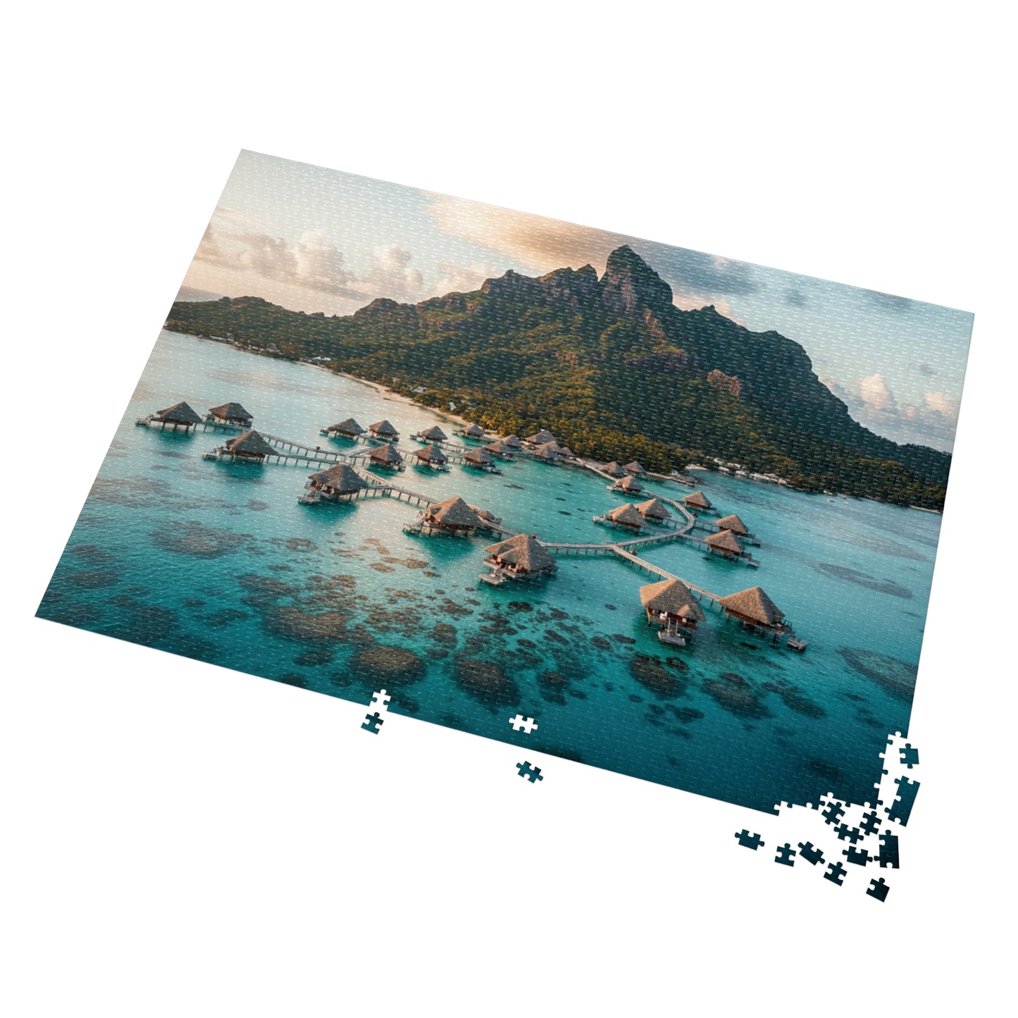 110, 252, 500, 1000, 2000 pcs Tropical Island Jigsaw Puzzle, Scenic Paradise Puzzle, Exotic Vacation Puzzle, Breathtaking Tropical Bay with Overwater Retreats