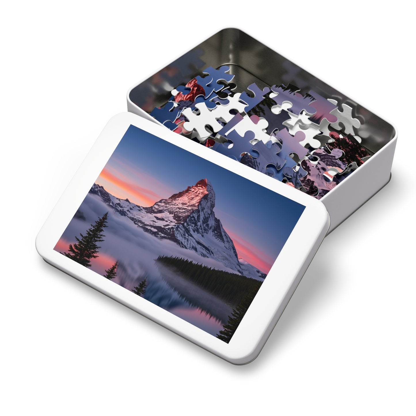 110, 252, 500, 1000, 2000, Snowy Mountain Peak Jigsaw Puzzle –  Alpine Majesty & Mirror Lake Sunset Scene, Scenic Nature Puzzle in Gift Tin (252–2000 Pieces)